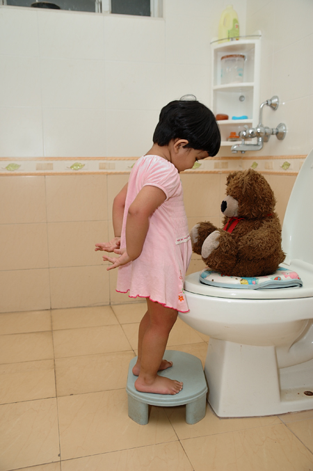 teddy bear sitting on a toilet