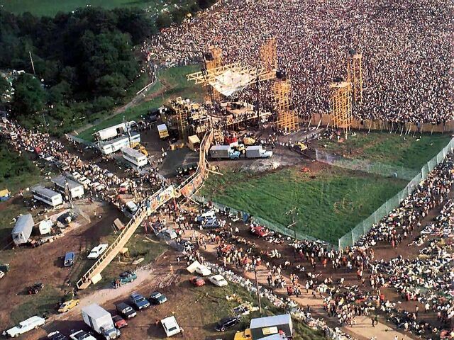helicopter view of the crowds at Woodstock