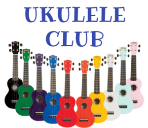 Words Ukulele Club and 10 ukuleles of different colors