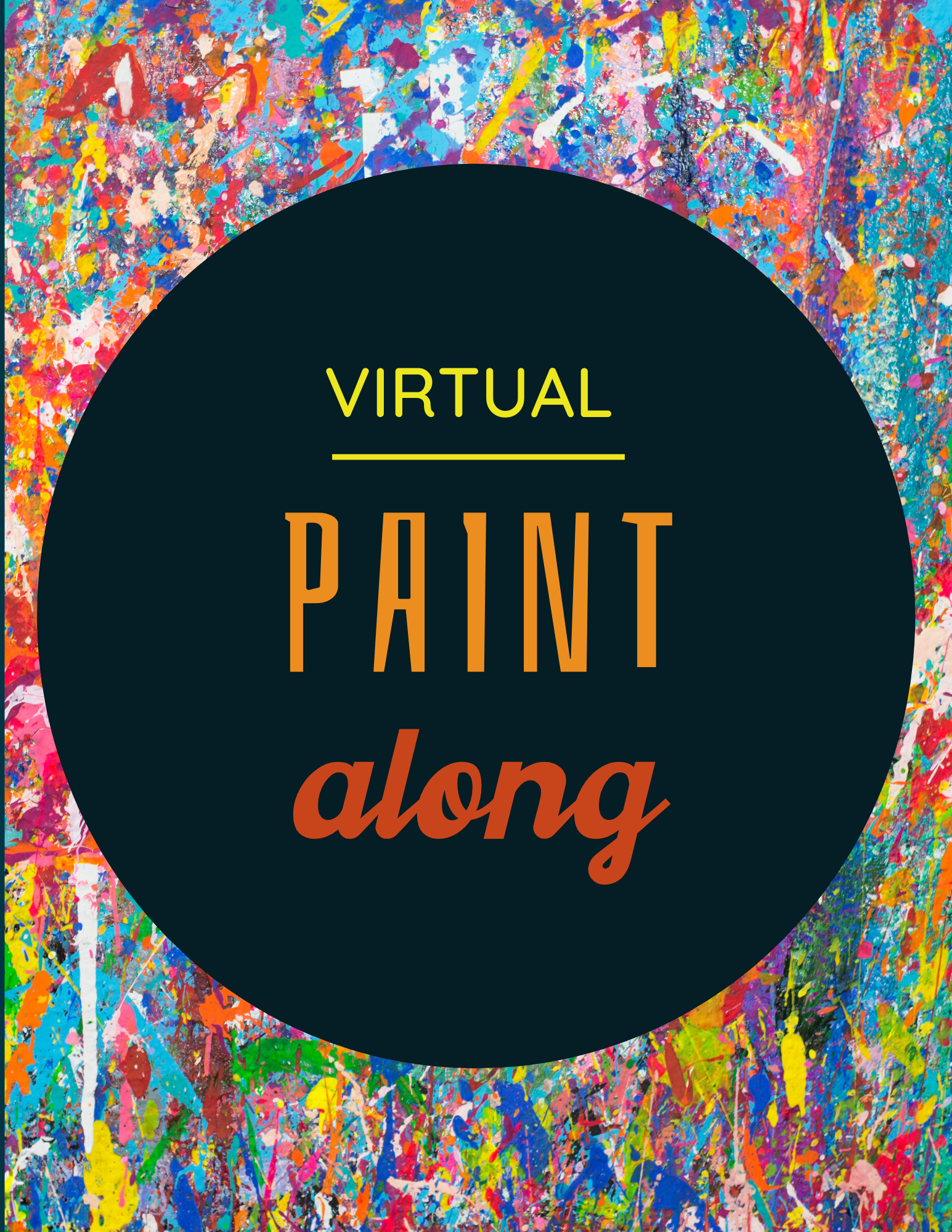 multicolored background with dark circle in middle with text "virtual paint along"