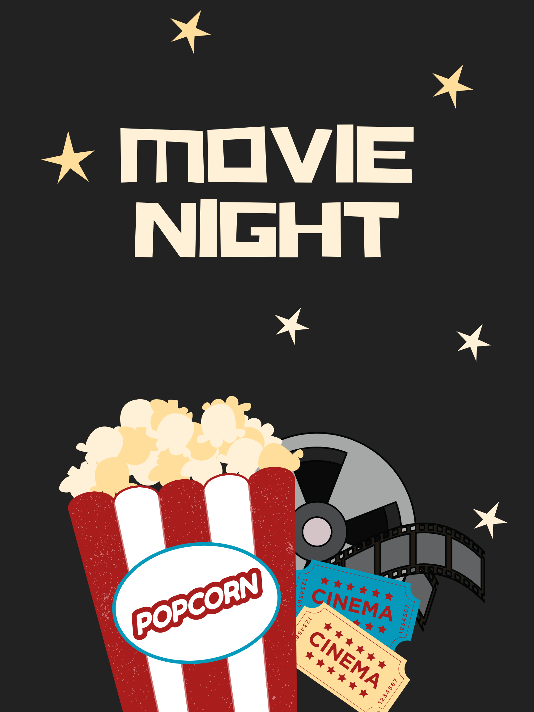 "movie night" poster with popcorn, reel and image