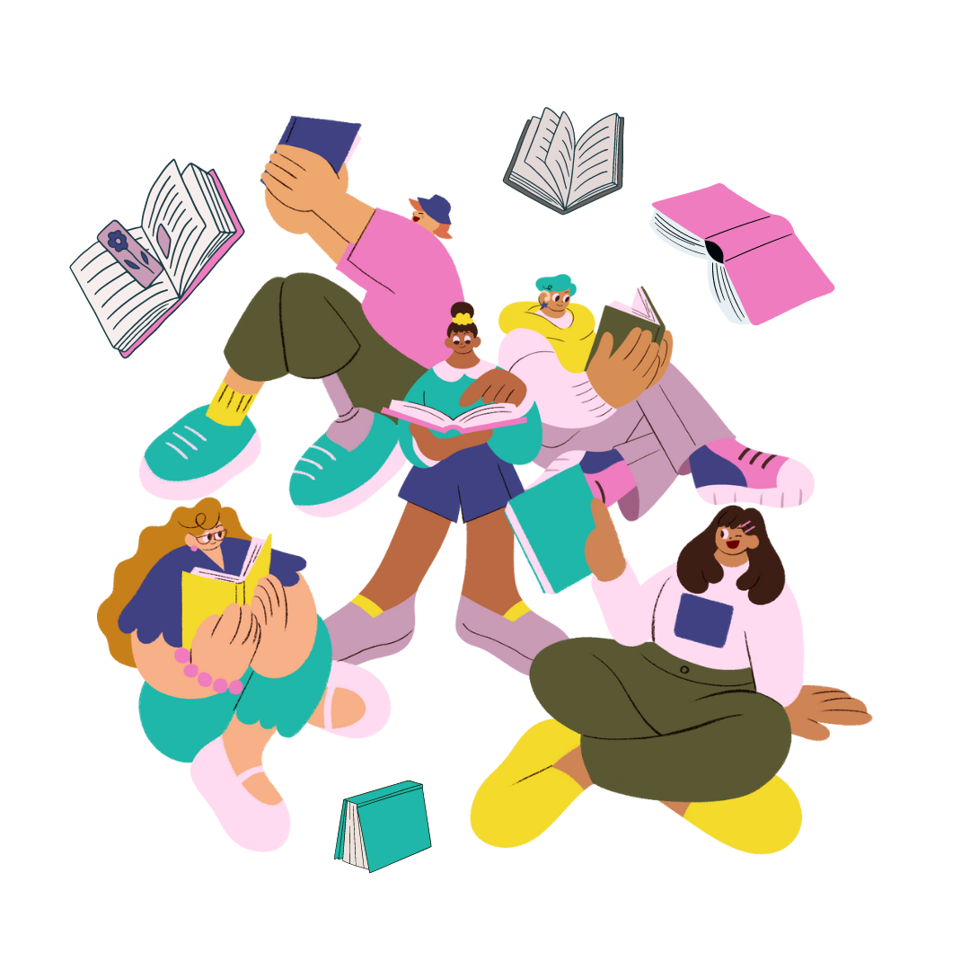 people in colorful clothes reading books against a white background with various enlarged proportions 