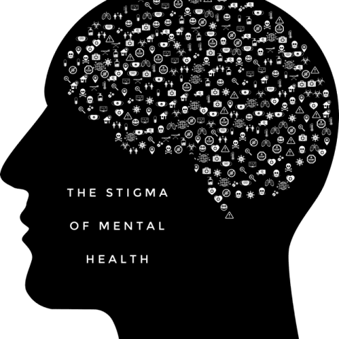 the silhouette of a person's head with many small icons where the brain would be located with the text near the mouth "The Stigma of Mental Health"  