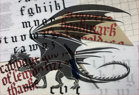 A dragon overlay on top of a multi-piece calligraphy practice
